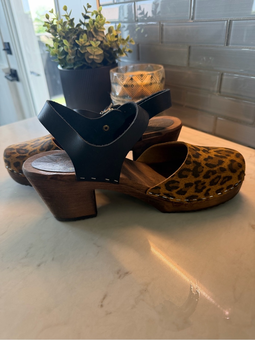 Leopard Print Authentic Clog Sandals with Black Ankle Strap Size 10 (42)
